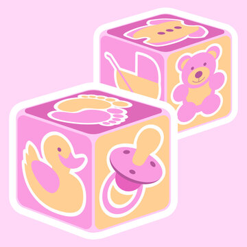 A vector illustration featuring cute baby girl building blocks in pink. Editable vector available.
