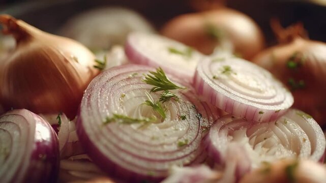 Close-Up of Freshly Sliced Onions with Herbs in 4K Ultra HD, Camera Pans Right for Dynamic Food Visuals