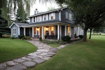 Obraz premium Gray House with Stone Pathway at Dusk