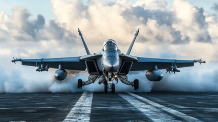 Fototapeta premium Fighter jet launching from aircraft carrier deck