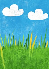 Obraz premium Green Grass and Blue Sky with White Clouds Illustration