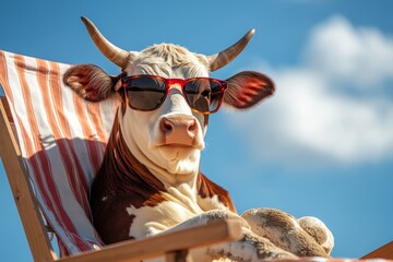 A farm animal, specifically a cow, is depicted wearing sunglasses while lying on a chair at the beach on a sunny day in this stock illustration