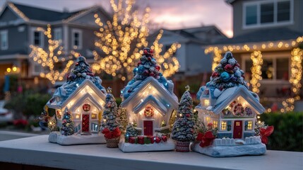 Fototapeta premium Three small houses decorated with Christmas lights and ornaments on their front facades during daytime.