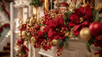 Close-up of a festive Christmas garland with pinecones and red berries on a white fireplace mantle.