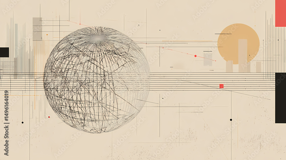 Wall mural a sketch illustration of a detailed globe with network lines and nodes, set against a white backgrou