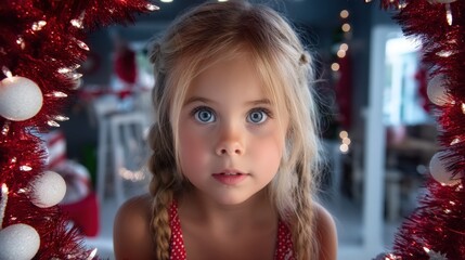 Young girl with braided hair peers through a green foliage wreath in natural daylight outdoors.