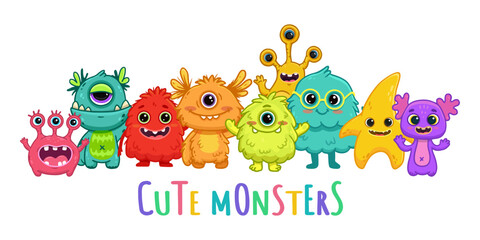 Big set of cartoon monsters. Cute monsters. Kids funny character design for posters, cards., magazins. Vector illustration
