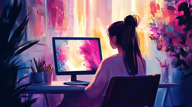 Woman artist working digital art.