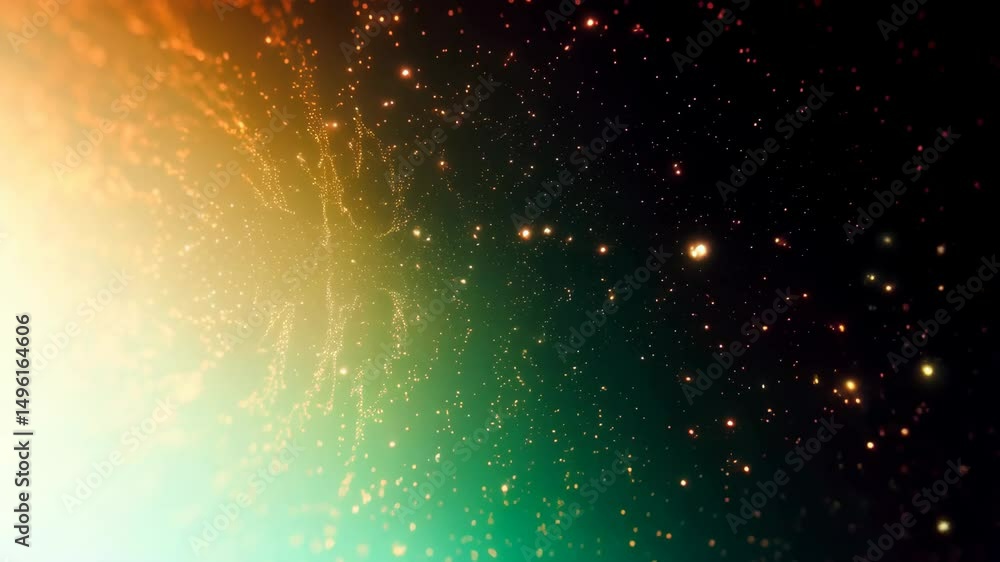 Poster sparkling particles glow with warm light, flowing across dark space and into a gradient of soft gold