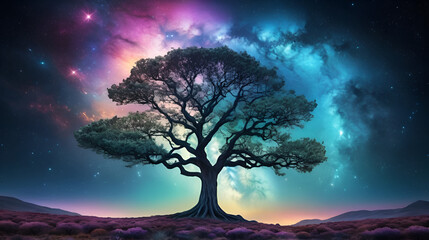Ethereal tree of light illuminating a cosmic landscape with nebula skies