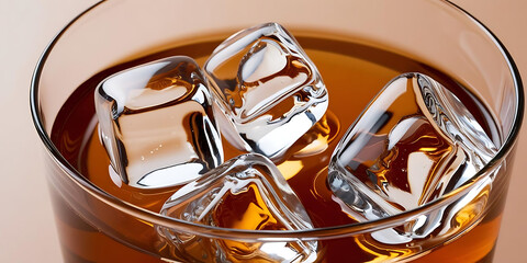 Elegant Glass of Whiskey with Clear Ice Cubes on Soft Background

