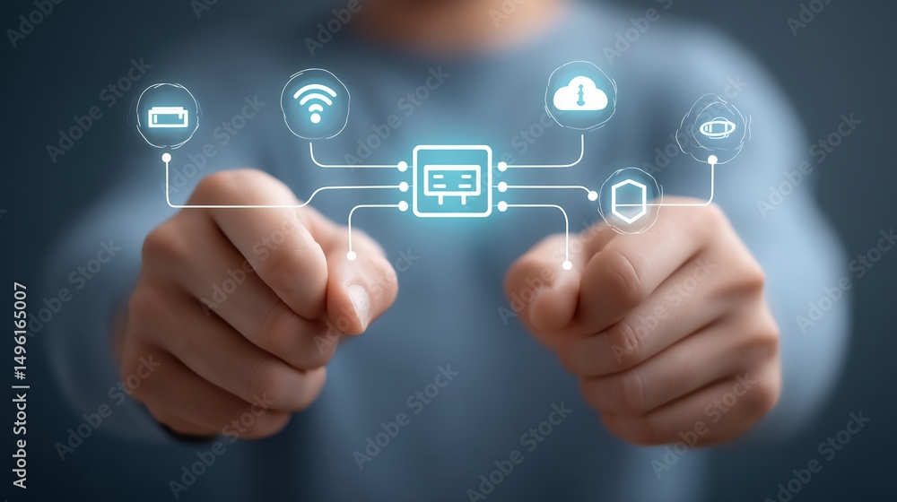 Poster closeup of hands connecting ethernet cable semitransparent overlay of suspended networking icons rou
