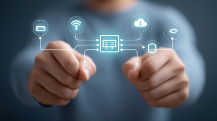 Closeup of hands connecting ethernet cable semitransparent overlay of suspended networking icons router cloud shield IT infrastructure cybersecurity concept