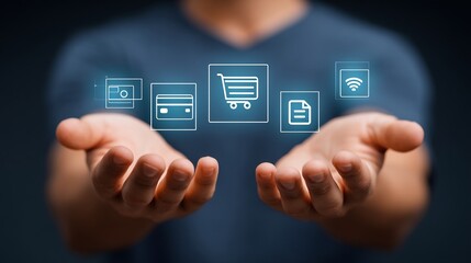 Closeup of hands holding credit card semitransparent overlay of hovering payment icons chip contactless symbol receipt digital transaction finance concept