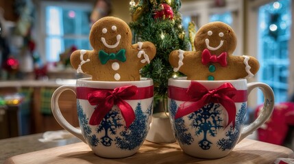 Fototapeta premium Two decorated gingerbread cookies with colorful bows inside a white mug on a wooden surface.