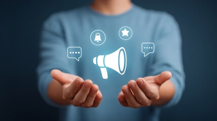Closeup of hands holding megaphone semitransparent overlay of hovering communication icons chat bubble bell share digital marketing outreach concept