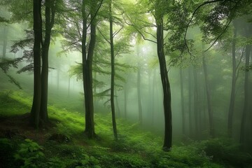 Obraz premium Misty Green Forest With Sunlight Streaming Through Trees