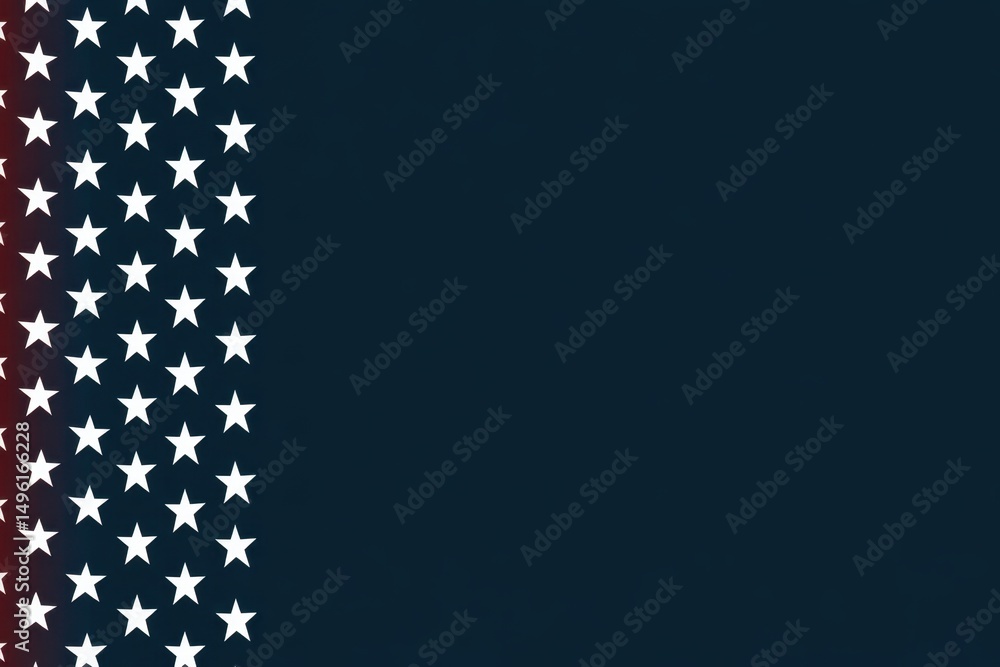 Poster design an american flag background with a deep blue and red color scheme, featuring white stars on t