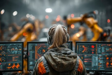 Obraz premium Operator in a hightech control room with advanced robotics and multiple monitors