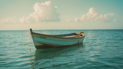Naklejka premium A boat floating on the sea water with clear sky and clouds.