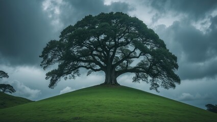 Fototapeta premium A beautiful shot of a big tree in a green hill with a cloudy sky in the background - perfect for an article about outdoor activities.