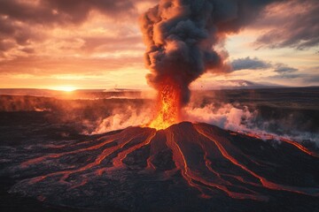 Volcanic Eruption at Sunset: A Fiery Landscape