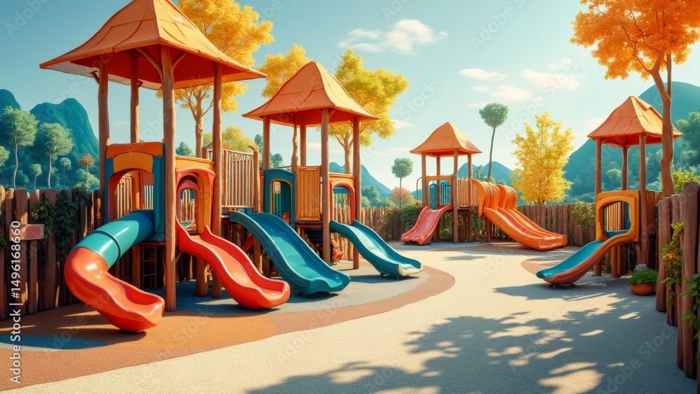 Poster colorful playground multiple slides gazebo playground located park like setting trees mountains back