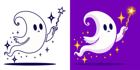 Cartoon Halloween ghost. Vector spirit flying. Spook with star. Halloween levitating phantom character with with a magic wand. Happy Halloween party greeting card, promotion poster. Flat vector style
