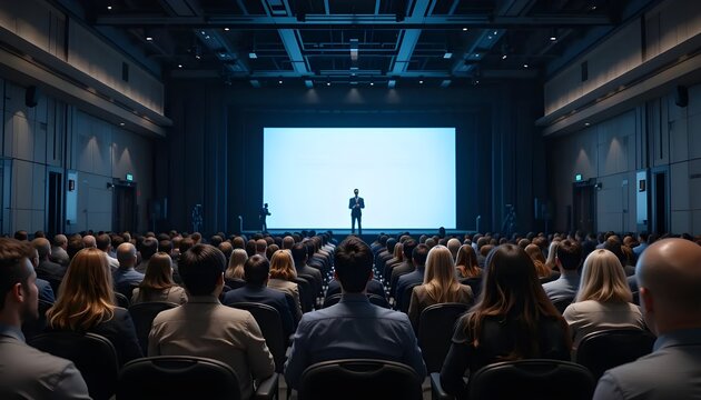 Large audience watching a speaker on stage, ideal for professional gathering visuals. A large audience attentively listens to a speaker during a presentation in a dimly lit auditorium. Rows of people 