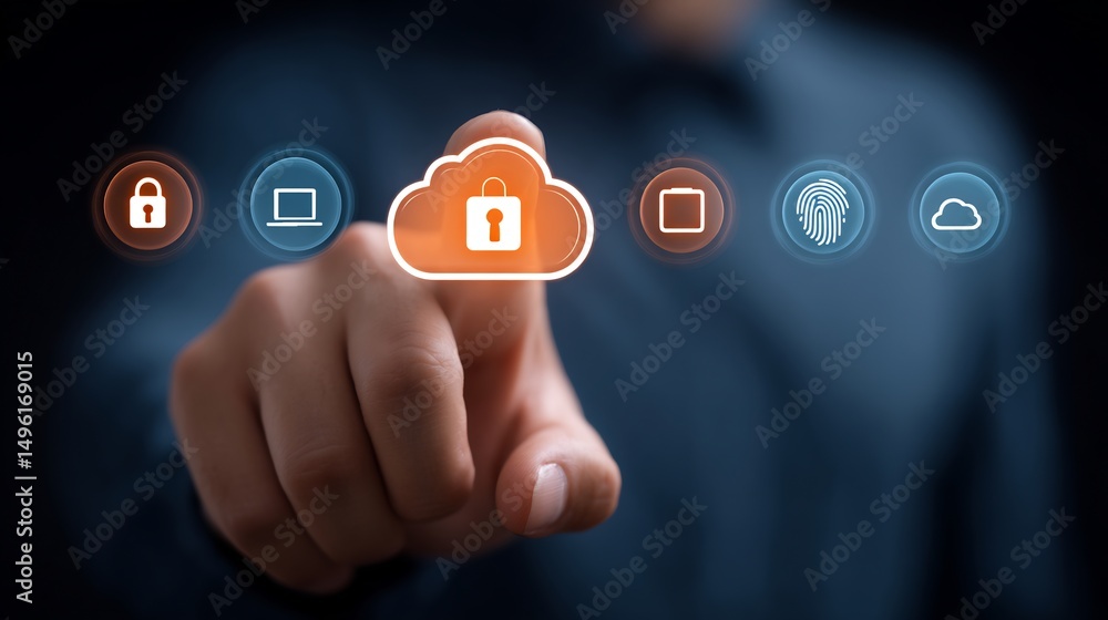 Poster closeup of hands turning key smart lock with semitransparent overlay of midair iot security icons pa