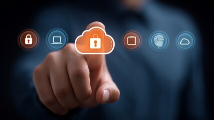 Closeup of hands turning key smart lock with semitransparent overlay of midair IoT security icons padlock fingerprint cloud connected home protection concept