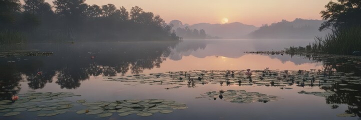 Serene dawn, water lilies softly glowing on calm lake, delicate, magical, golden hour