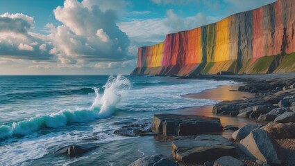 Fototapeta premium Panoramic view of colorful huge cliff and sea with ocean water splash on beach, sky, clouds, and rocky coastline, with space for text.
