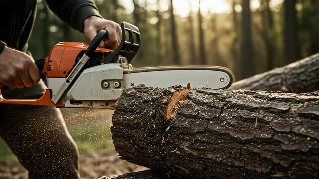 AI-generated illustration of a closeup of a worker cutting a tree trunk with a chainsaw in the woods