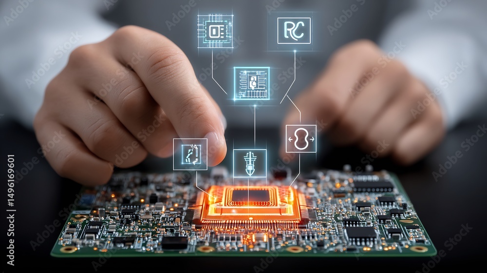 Poster closeup of hands assembling circuit board semitransparent overlay of midair hardware icons microchip