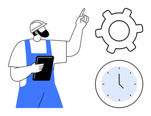 Worker in helmet and overalls holding a clipboard, pointing at a gear icon with a clock nearby. Ideal for workflow, engineering, project management, efficiency, time tracking, planning, flat simple