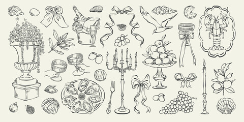 Vintage summer party hand drawn ink illustration set. Whimsical festive dinner decor with seafood, champagne, ribbon, candelabra, lemons for cards and posters. Coquette style, elegant Italian banquet.