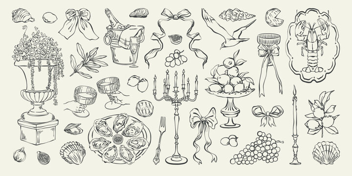 Vintage summer party hand drawn ink illustration set. Whimsical festive dinner decor with seafood, champagne, ribbon, candelabra, lemons for cards and posters. Coquette style, elegant Italian banquet.