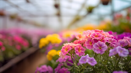 Colorful Petunias Blooming in a Greenhouse