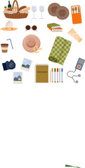 Items for a picnic and plein air. Set. Basket with bread, wine, food. Glass for drinking and plates. Blanket, books and player. Sun hat and sunglasses. Sketchbook for drawing, sunburn cream. Camera