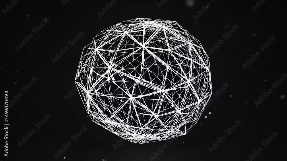 Poster white wireframe sphere slowly rotates on a black background with white particles floating around, cr
