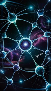 Abstract neural network animation, glowing blue synapses connecting and pulsing with data over dark background, dynamic and natural flow