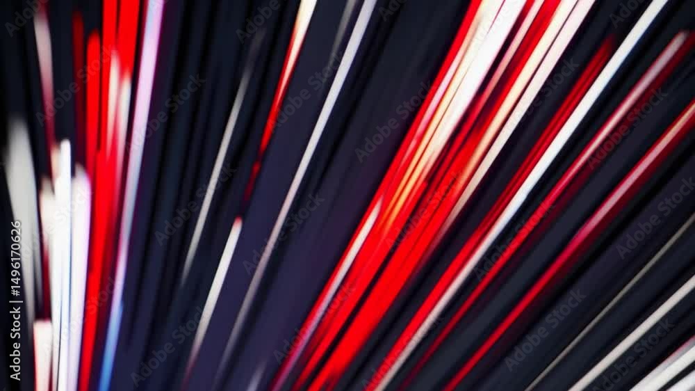 Poster dynamic red and white blurry streaks expanding from center against black background, creating energe