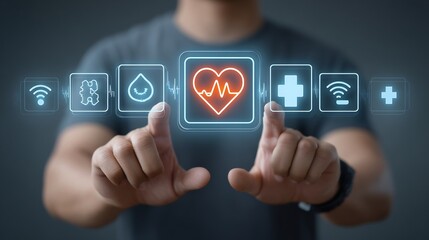 Closeup of hands soldering wearable device semitransparent overlay of layered medical tech icons heartbeat sensor cross health monitoring device concept