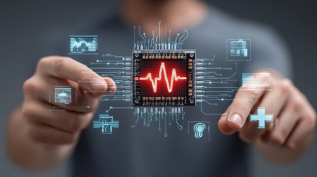 Closeup of hands soldering wearable device semitransparent overlay of layered medical tech icons heartbeat sensor cross health monitoring device concept