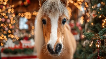 Brown horse standing outdoors in front of a decorated Christmas tree with lights during daytime.