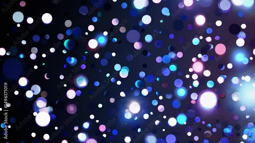 Poster colorful particles are floating and glittering on a dark background, creating a festive and magical 
