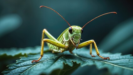 Fototapeta premium Closeup of a grasshopper on a leaf background