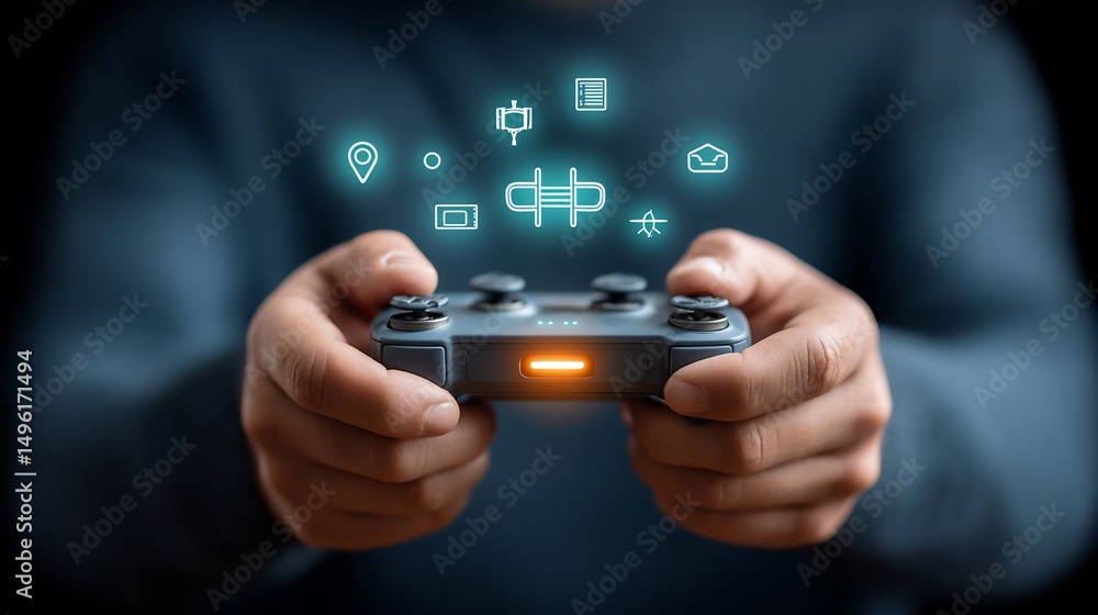Aufkleber closeup of hands playing drone controller with semitransparent overlay of floating drone tech icons 