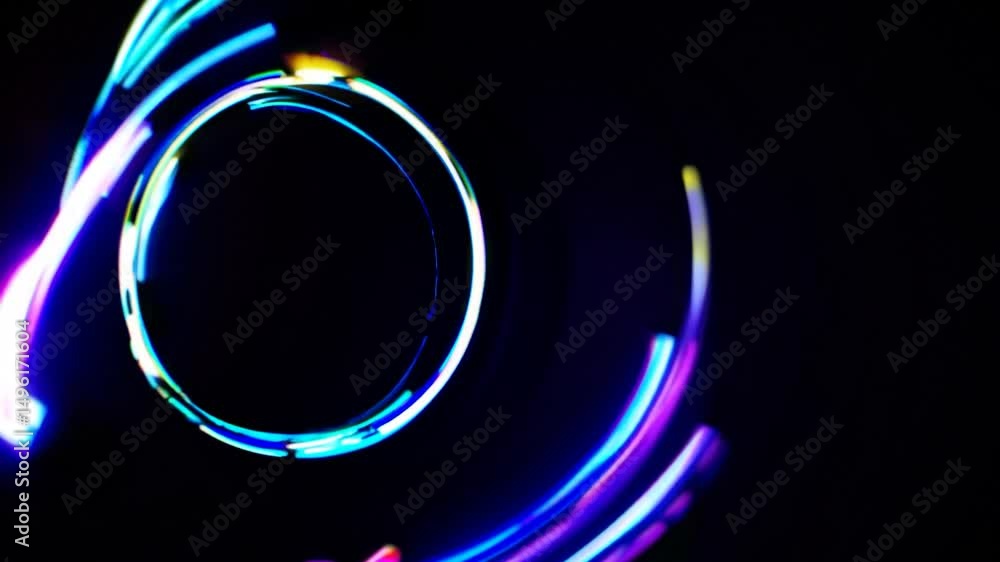 Poster vibrant neon circles rotating and swirling dynamically against deep black background, generating mes